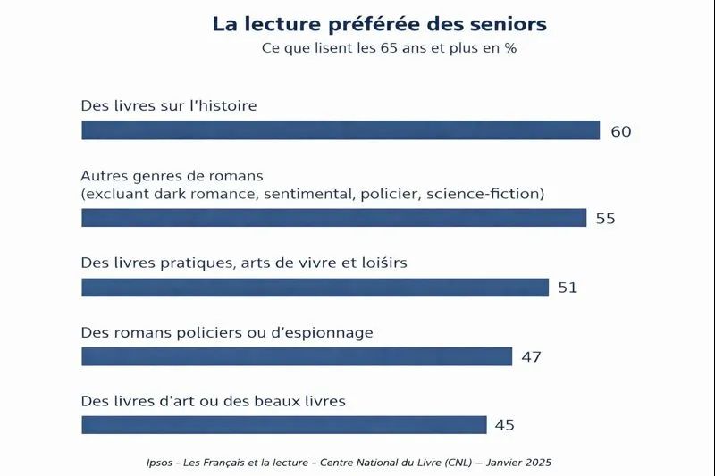 Graphique en barres « La lecture préférée des seniors », ce que lisent les 65 ans et plus : livres sur l’histoire 60 %, autres genres de romans 55 %, livres pratiques, arts de vivre et loisirs 51 %, romans policiers ou d’espionnage 47 %, livres d’art ou beaux livres 45 %.
