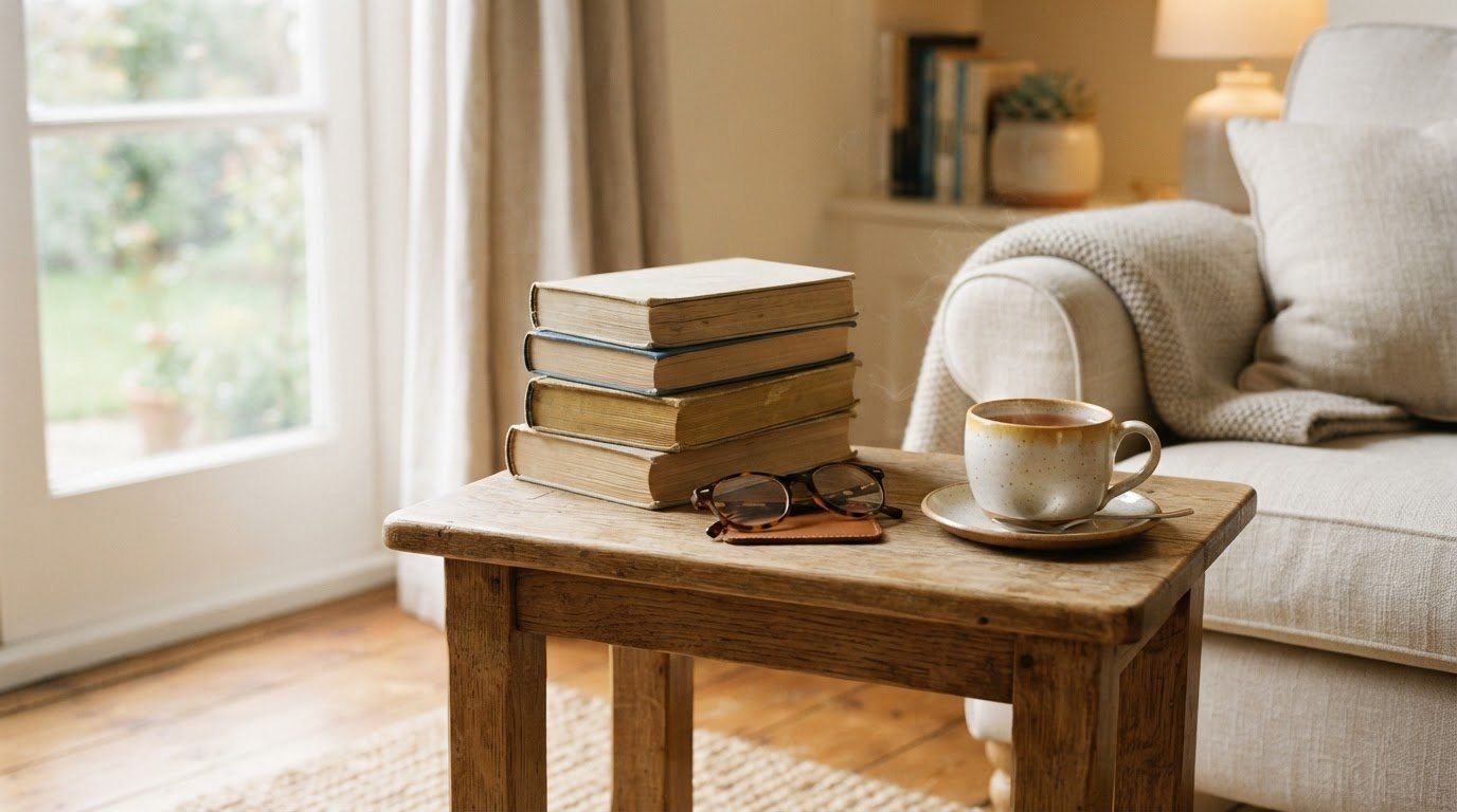 Une pile de quatre livres anciens, une paire de lunettes et une tasse de thé fumante posées sur une petite table en bois, près d’un fauteuil clair et d’une fenêtre.