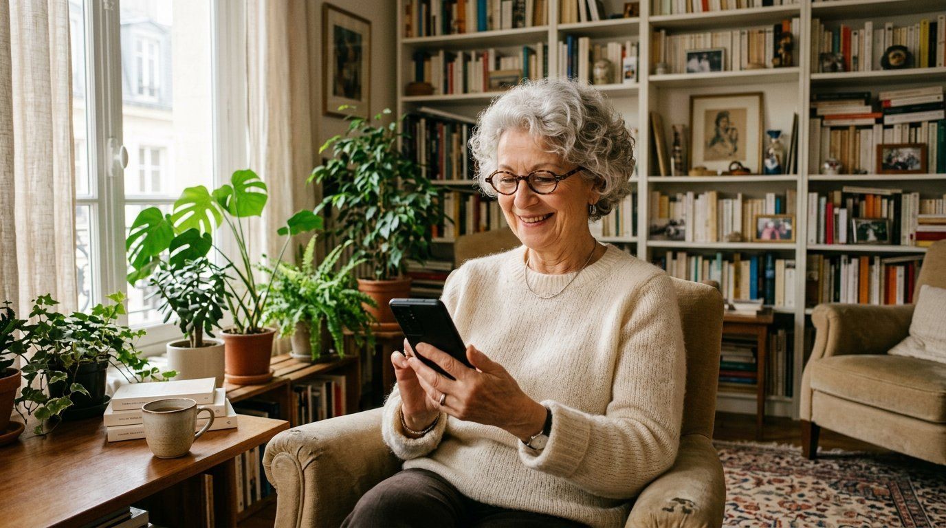 Une femme aux cheveux gris bouclés et aux lunettes rondes sourit en regardant son smartphone, assise dans un fauteuil devant une bibliothèque et des plantes vertes.