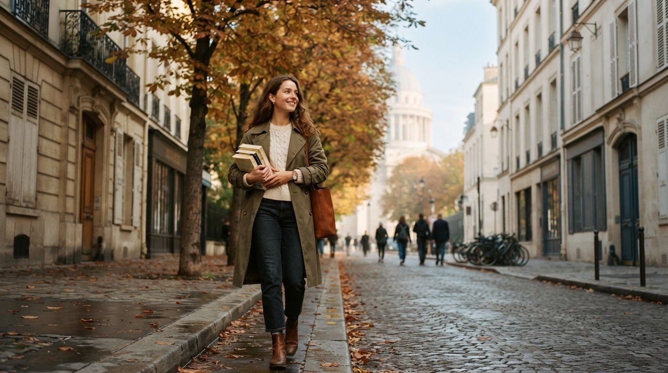 Une étudiante souriante, des livres sous le bras, marche dans une rue pavée de Paris en automne, un dôme au loin.