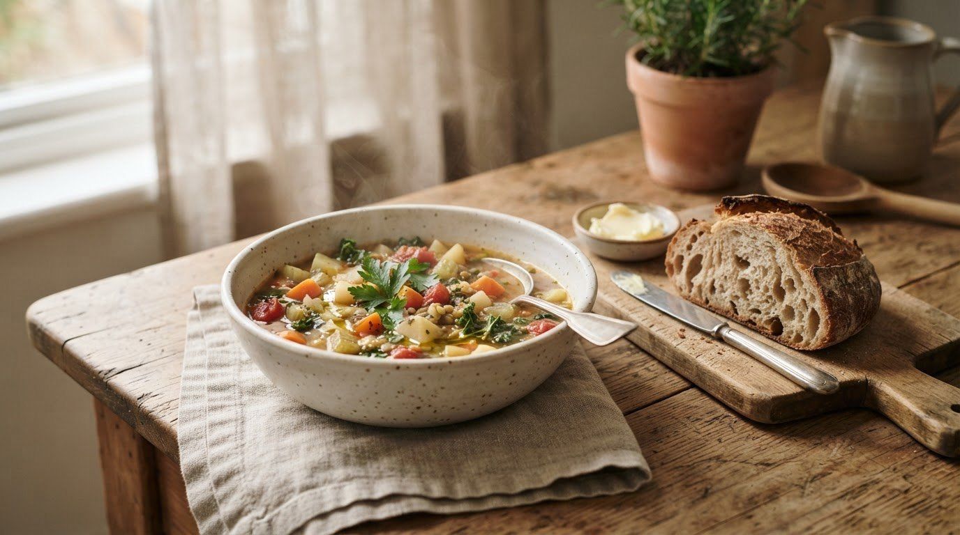 Un bol de soupe de légumes fumante posé sur une table en bois, à côté d’un pain de campagne entamé, d’une coupelle de beurre et d’un pot de romarin.
