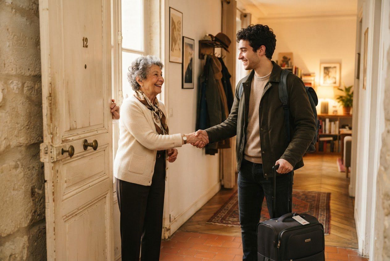 Une hébergeuse serre la main d’un jeune homme qui arrive avec sa valise, sur le pas de la porte.