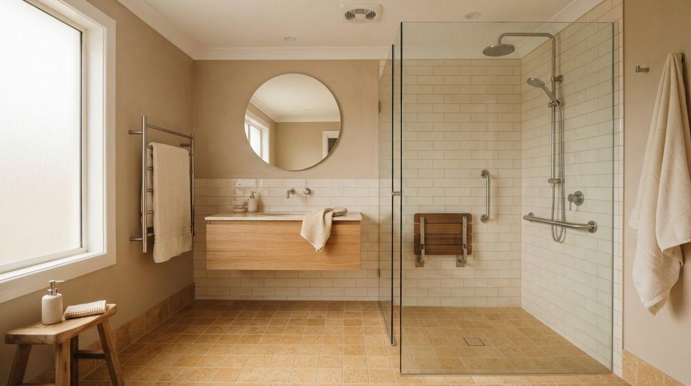 Une salle de bains aux tons beiges, équipée d’une douche à l’italienne vitrée avec barres d’appui et siège rabattable en bois.