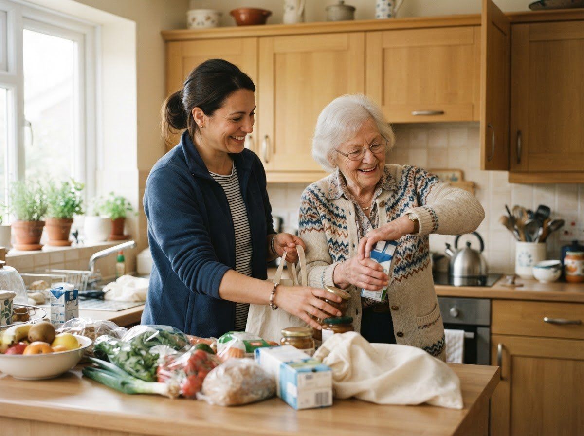 Une aide à domicile et une dame âgée rangent les courses ensemble dans la cuisine.
