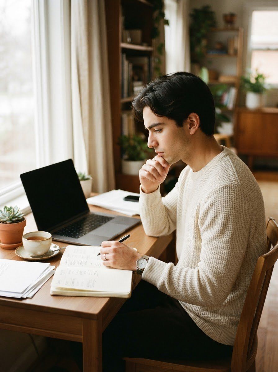 Un jeune homme fait ses comptes à son bureau, devant son ordinateur portable.
