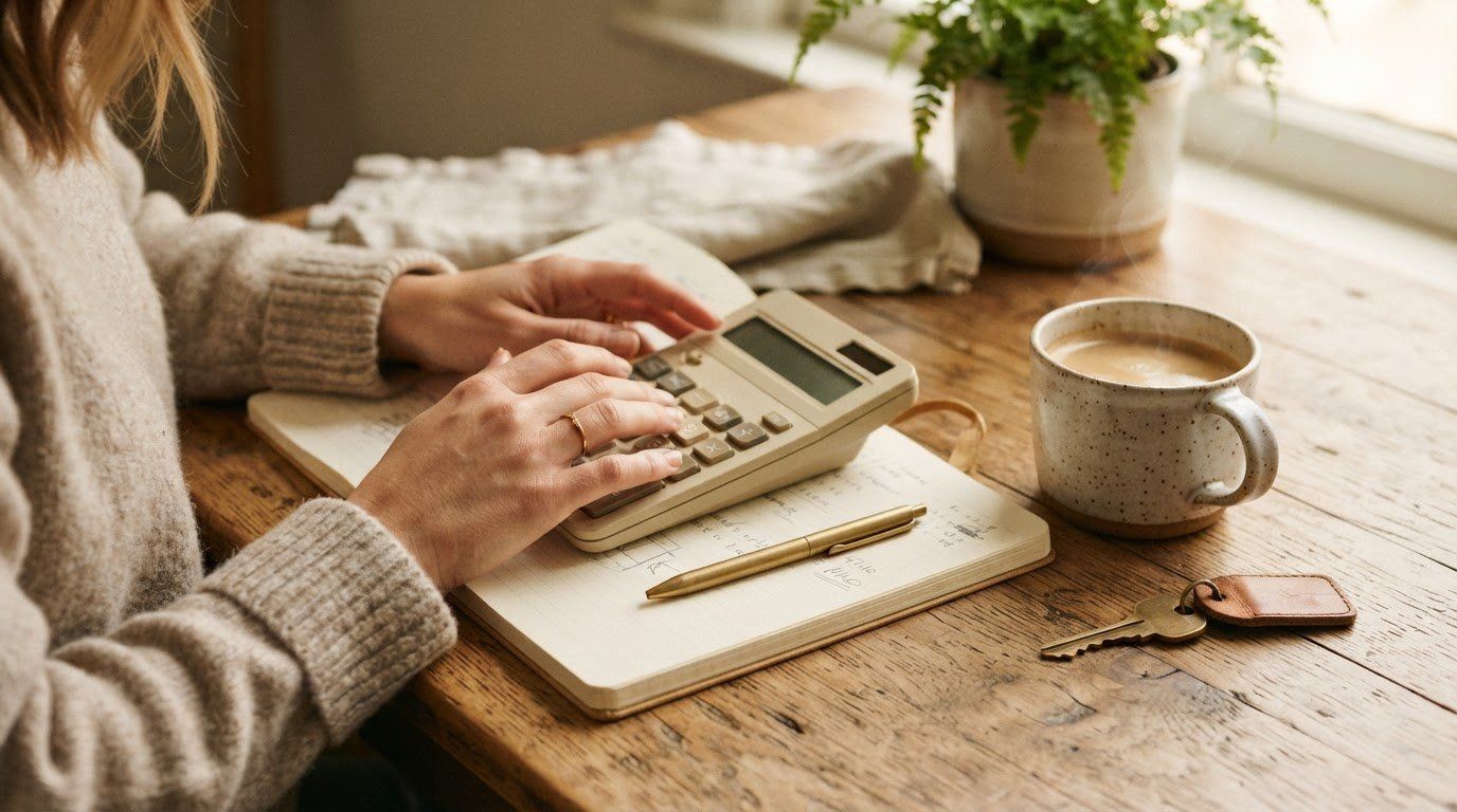 Des mains tapent sur une calculatrice, près d’un carnet et d’une tasse de café.