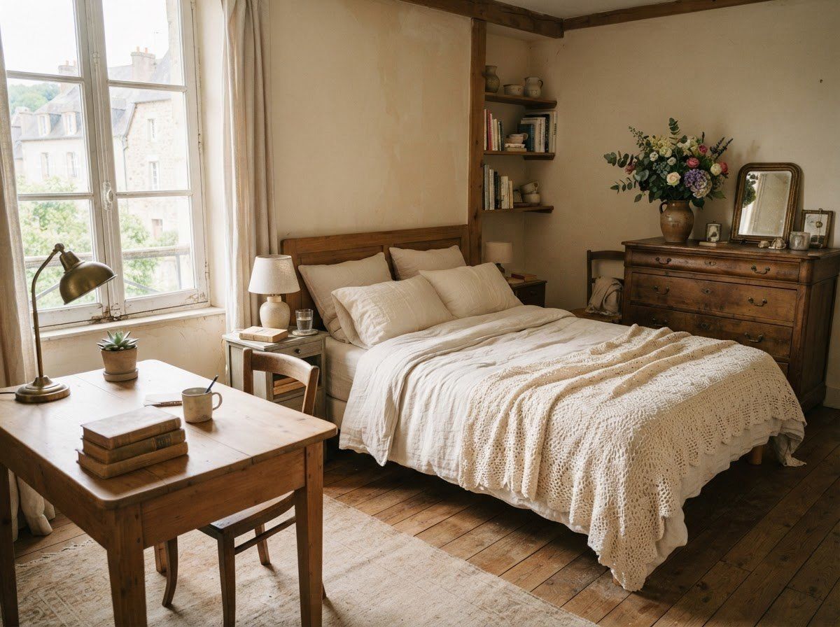 Chambre meublée chez l’habitant : lit double, commode et bureau en bois près de la fenêtre.