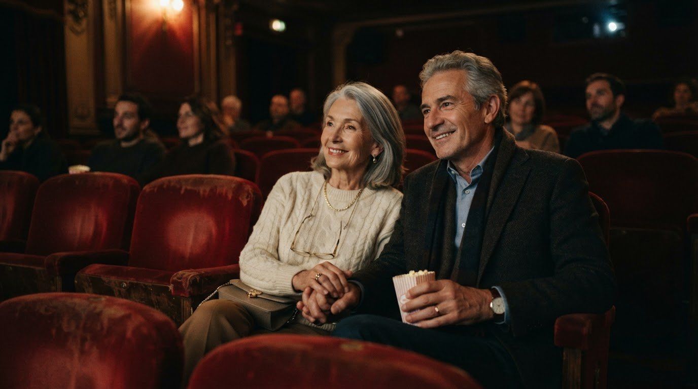 Un couple de seniors souriants, assis dans les fauteuils rouges d’une salle de cinéma.