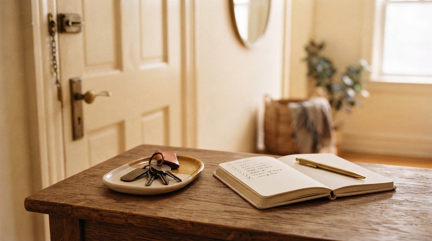 Un trousseau de clés dans une coupelle et un carnet ouvert avec un stylo, posés sur une table en bois près d’une porte d’entrée.