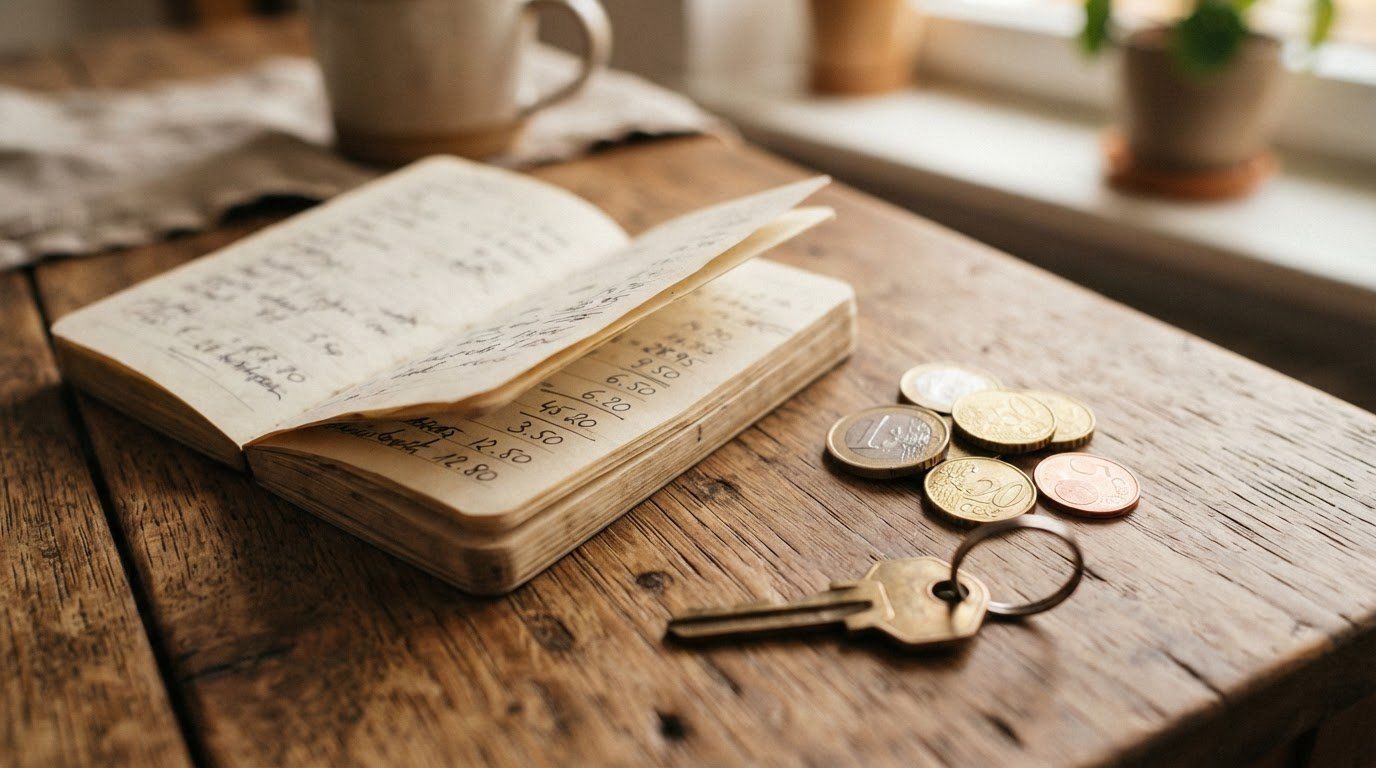 Un carnet de comptes ouvert, quelques pièces en euros et une clé posés sur une table en bois, près d’une tasse.