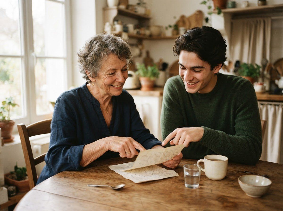 Une hébergeuse et un jeune homme lisent ensemble une lettre, attablés dans la cuisine.