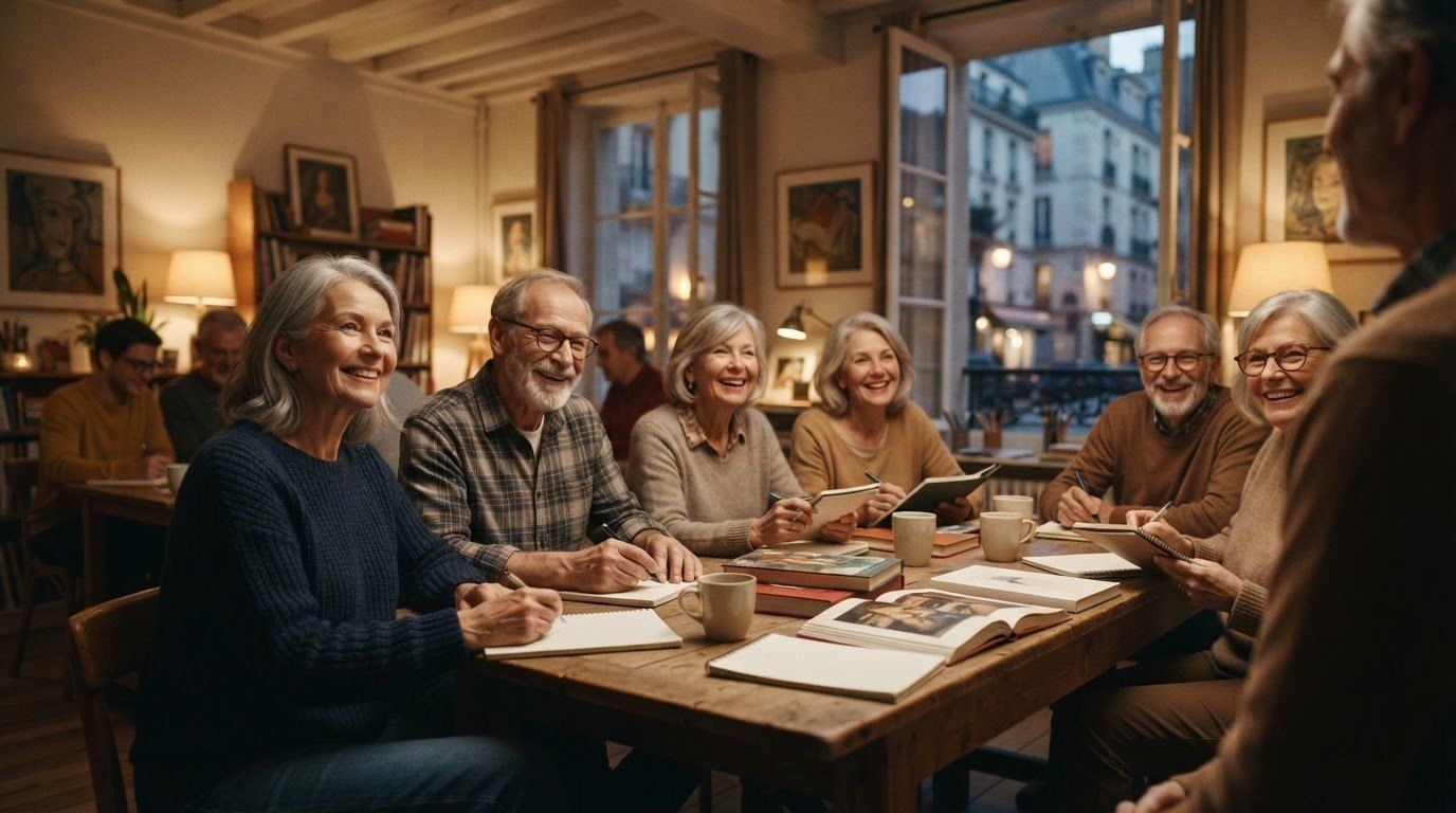 Des seniors souriants, assis autour d’une grande table en bois couverte de cahiers, de livres et de tasses, prennent des notes en écoutant un homme debout, dans une salle éclairée par des lampes, le soir.