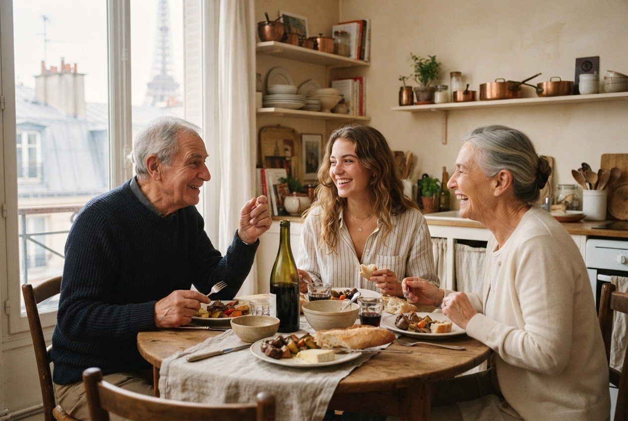 Deux seniors et une jeune femme partagent un repas en riant, à la table d’une cuisine.