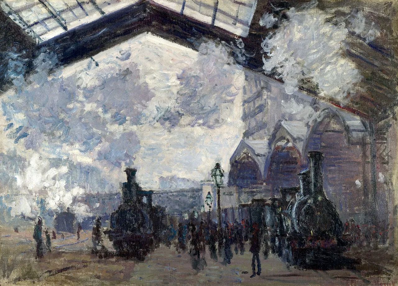 Tableau de Claude Monet : des locomotives à vapeur sous la verrière enfumée de la gare Saint-Lazare.