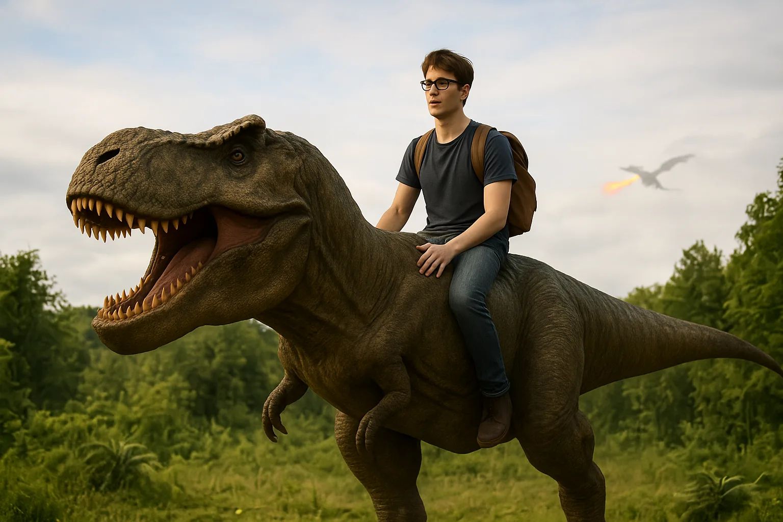 Un jeune homme à lunettes, sac sur le dos, est assis à califourchon sur un tyrannosaure dans une clairière.