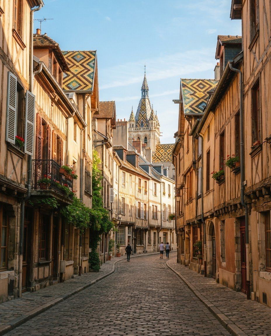 Rue pavée bordée de maisons à colombages, avec un clocher aux tuiles vernissées au fond.