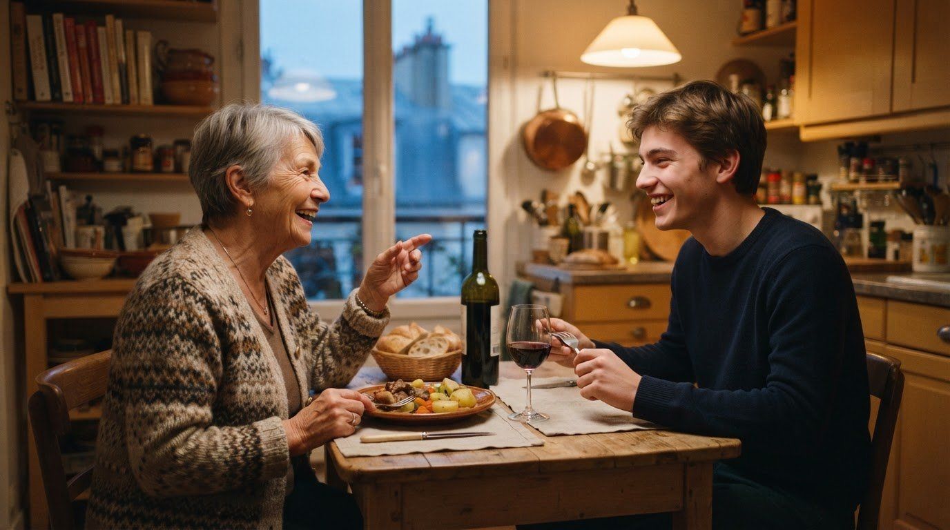 Une hébergeuse âgée et un étudiant rient en partageant le dîner à la table de la cuisine.