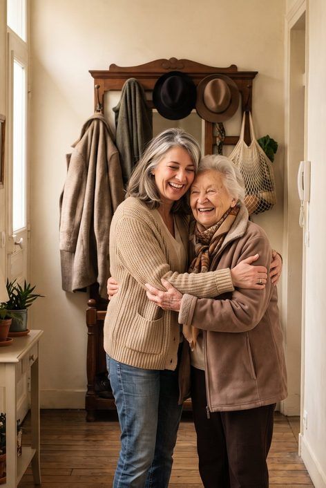 Une femme et sa mère âgée rient dans les bras l’une de l’autre, dans l’entrée.