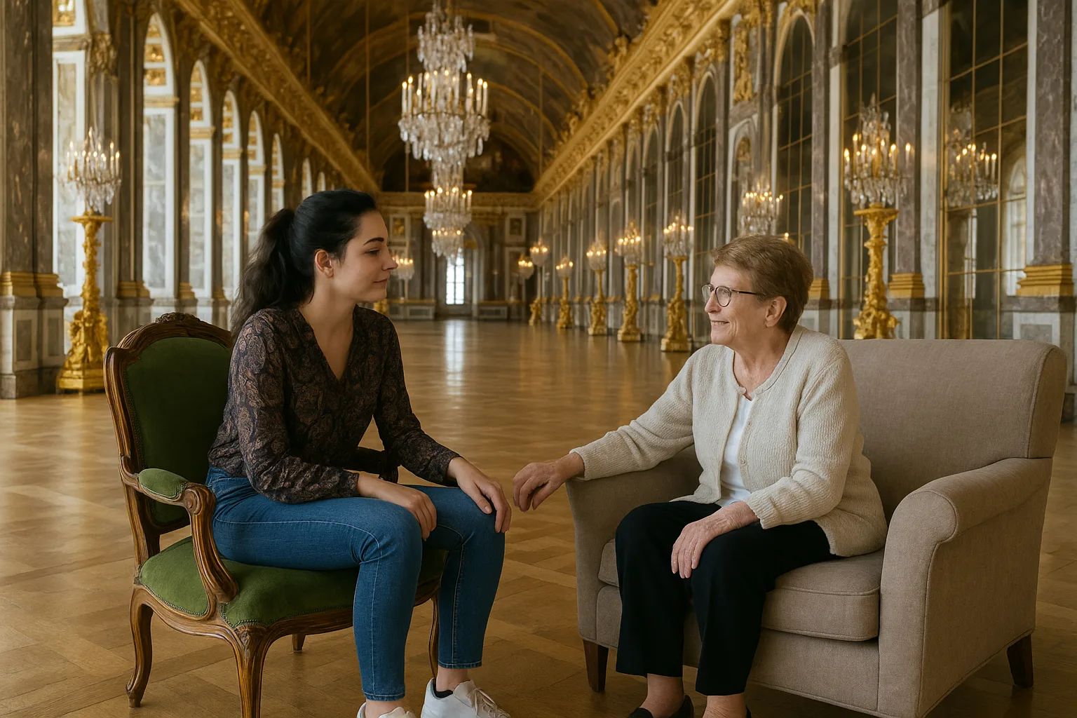Une jeune femme et une femme âgée discutent, assises face à face dans une grande galerie aux lustres de cristal et aux dorures.