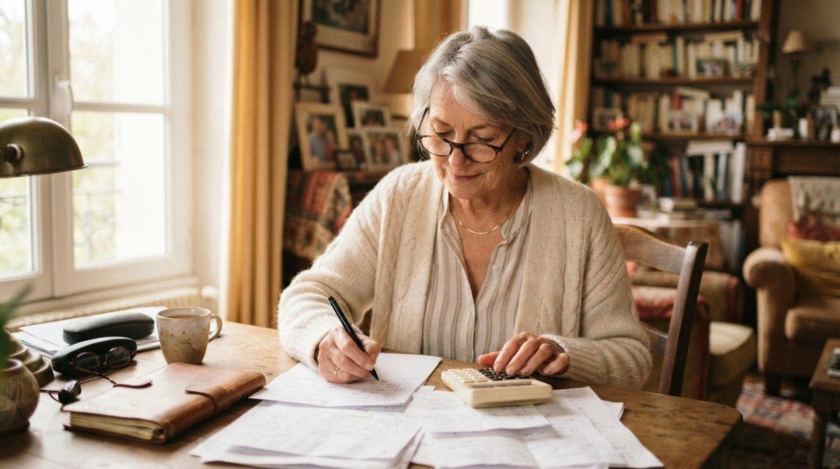 Une femme remplit des papiers à son bureau, lunettes sur le nez.