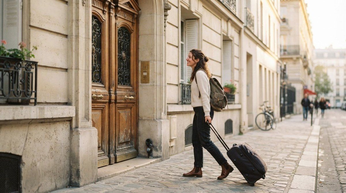Une étudiante tire sa valise dans une rue, devant une porte cochère.