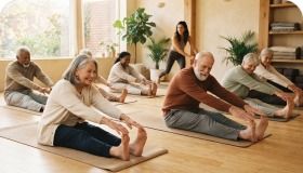 Des seniors assis sur des tapis de sol, jambes tendues, s’étirent vers leurs pieds dans une salle lumineuse, sous le regard d’une animatrice debout.