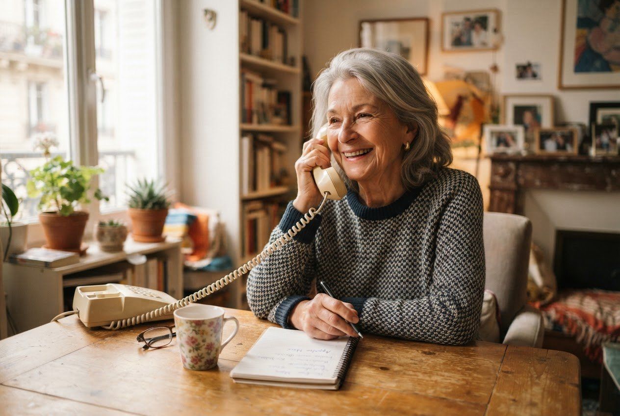 Une hébergeuse souriante, au téléphone à la table de son salon, prend des notes dans un carnet.