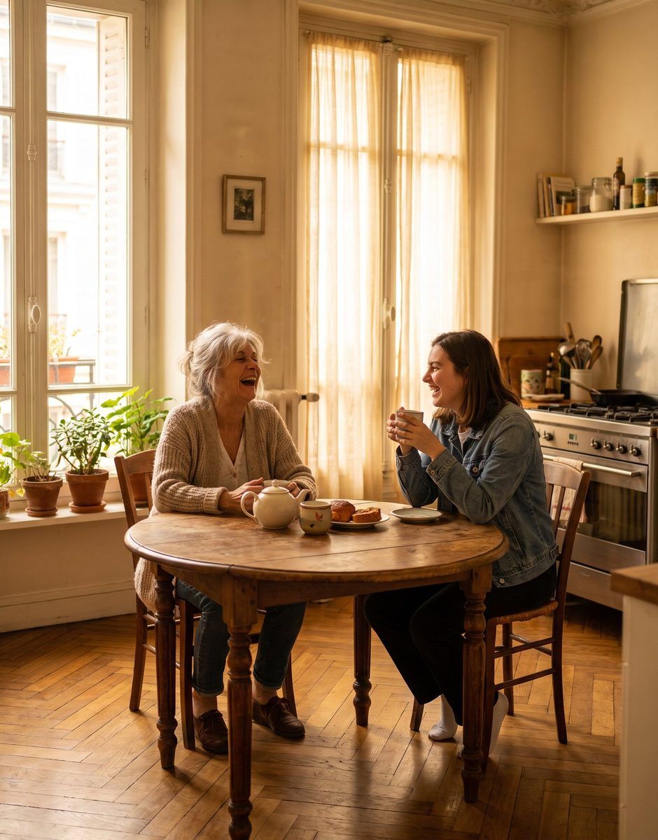 Une hébergeuse et une jeune femme partagent un thé à la table de la cuisine.