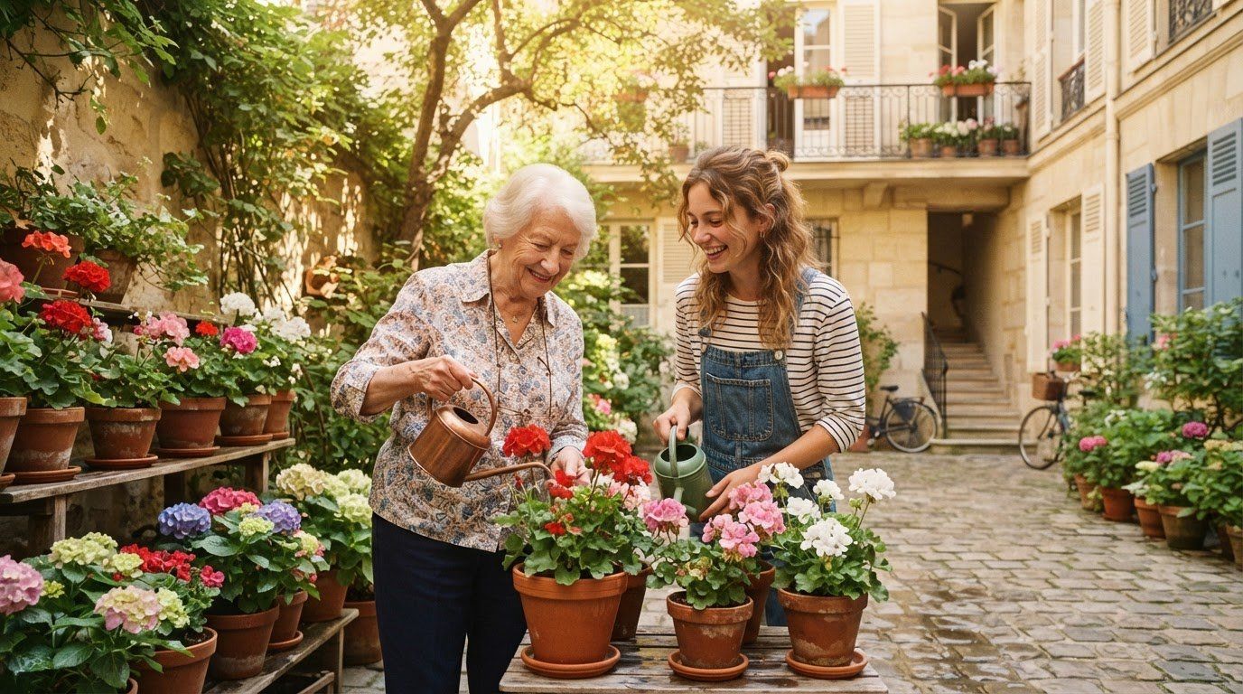 Une femme âgée et une jeune femme arrosent ensemble des fleurs dans une cour.