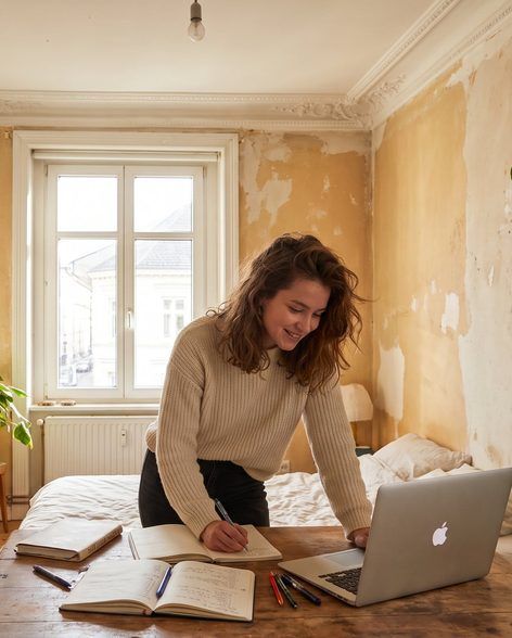 Une jeune femme souriante dans une chambre lumineuse.