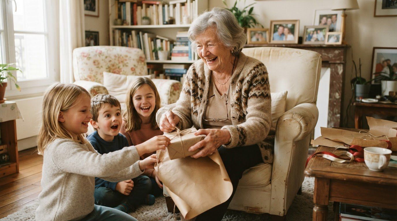 Une grand-mère assise dans un fauteuil rit en déballant un cadeau emballé de papier kraft, entourée de trois enfants ravis assis sur le tapis du salon.