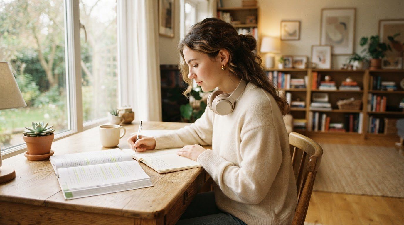 Une étudiante, un casque autour du cou, prend des notes à un bureau en bois près d’une fenêtre qui donne sur un jardin.