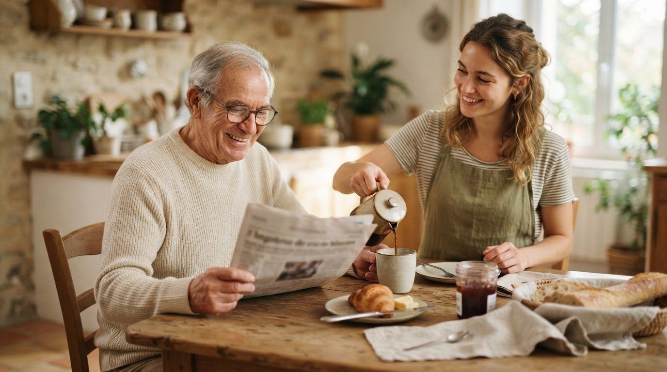 Dans une cuisine, une jeune femme en tablier verse le café à un homme âgé souriant qui lit son journal devant le petit-déjeuner.