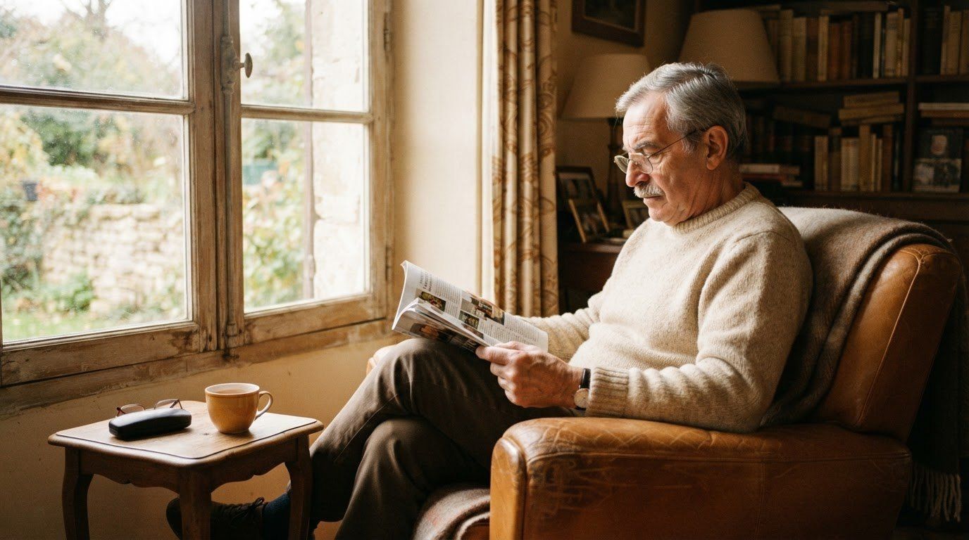 Un homme aux cheveux gris, lunettes et moustache, lit un magazine dans un fauteuil en cuir près d’une fenêtre, une tasse posée sur une petite table à côté de lui.