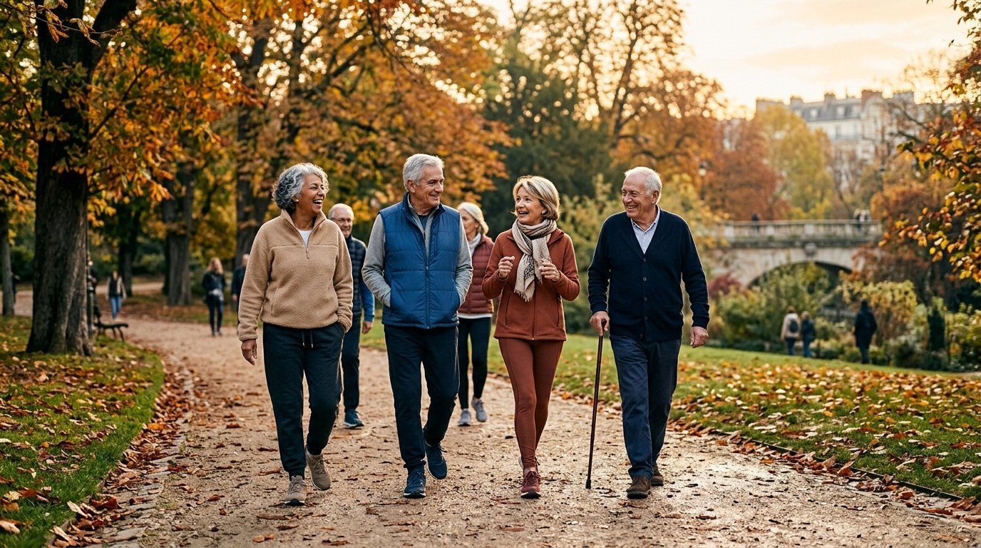 Un groupe de seniors marche en riant sur l’allée d’un parc aux arbres d’automne, jonchée de feuilles mortes ; l’un d’eux s’appuie sur une canne.
