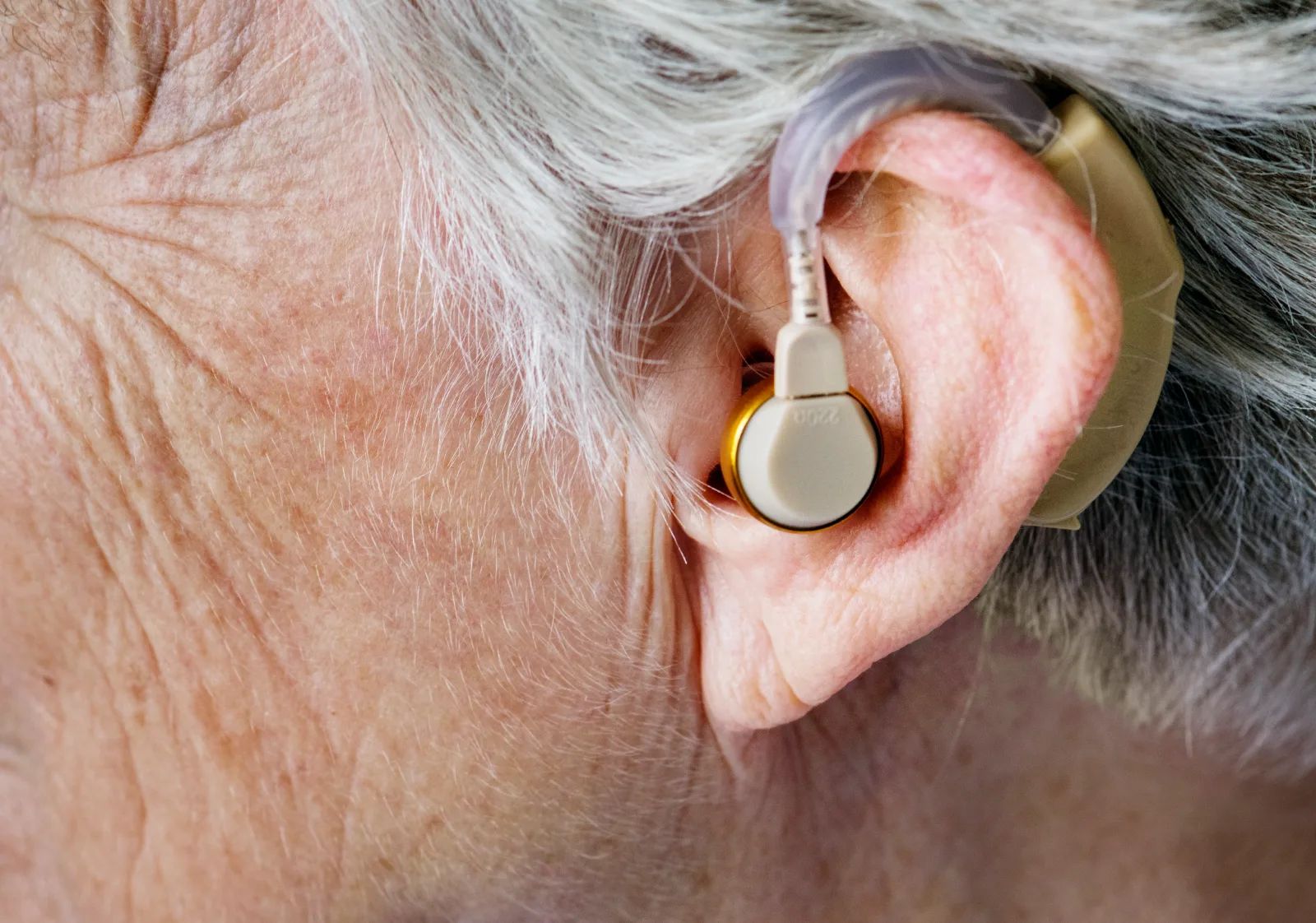 Gros plan sur l’oreille d’une personne âgée aux cheveux gris, équipée d’un appareil auditif en contour d’oreille.