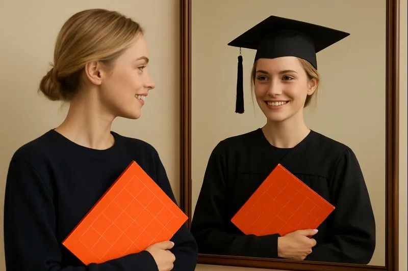 Une jeune femme tenant une pochette orange se regarde dans un miroir, où son reflet porte la toge et la toque de diplômée.