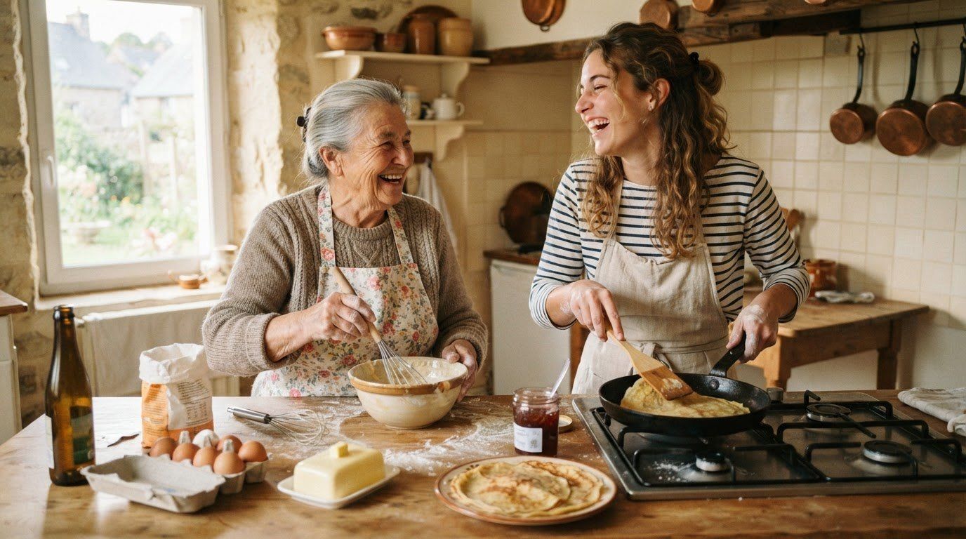 Une femme âgée et une jeune femme rient en préparant des crêpes dans une cuisine de campagne.