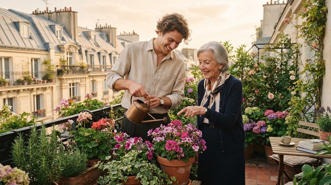 Sur une terrasse fleurie donnant sur les toits de Paris, un jeune homme arrose les fleurs que lui montre une femme âgée souriante.