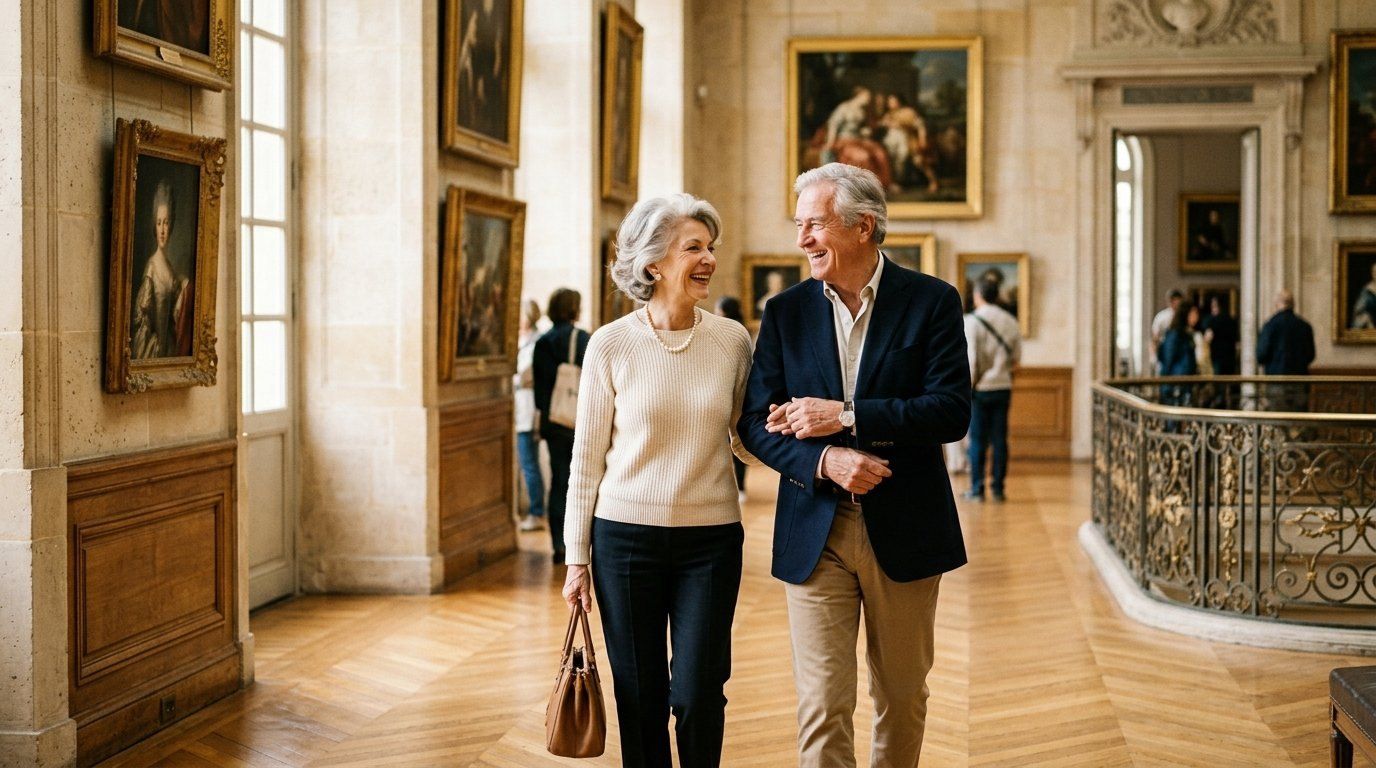Un couple de seniors élégants marche bras dessus, bras dessous en riant dans la galerie d’un musée, entre des tableaux aux cadres dorés.