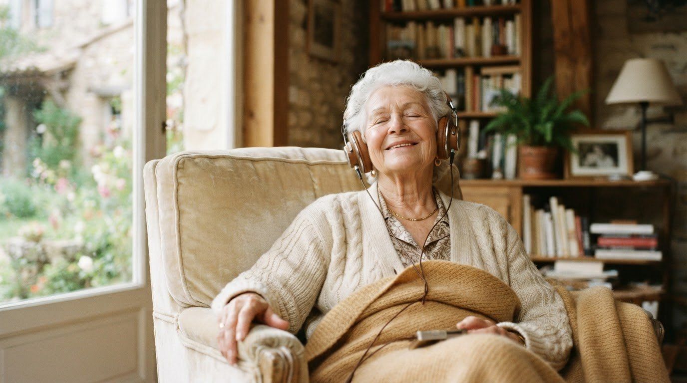 Une femme âgée aux cheveux blancs, un casque audio sur les oreilles, sourit les yeux fermés, installée dans un fauteuil avec un plaid sur les genoux, près d’une fenêtre ouverte sur un jardin.
