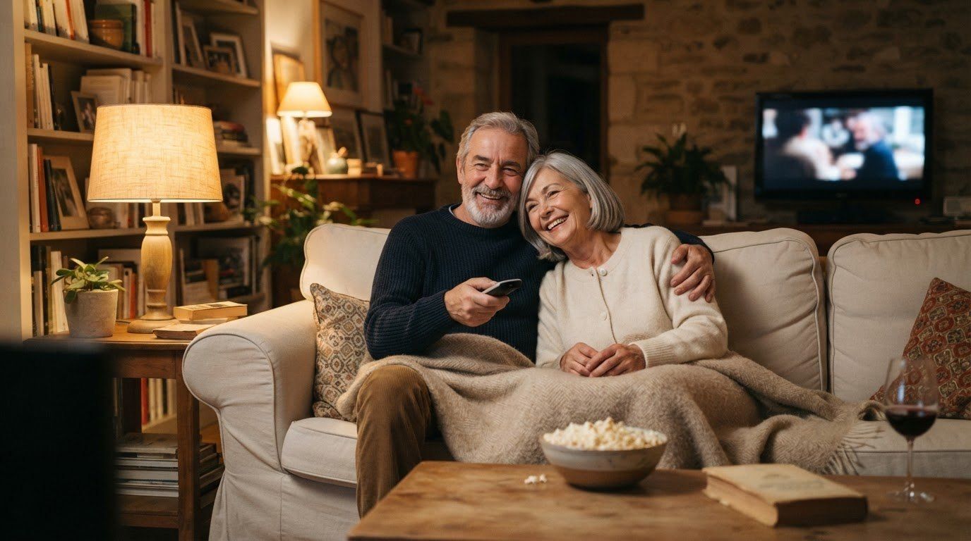 Un couple de seniors souriants, blottis sous un plaid sur un canapé clair, télécommande à la main, devant un bol de pop-corn et un verre de vin rouge.