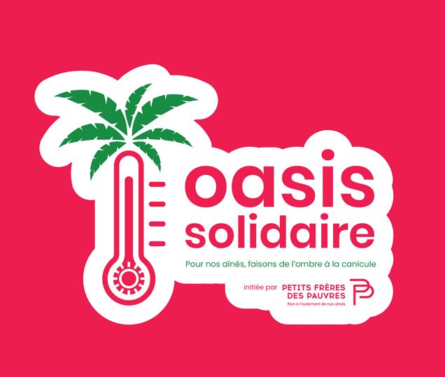 Logo d’Oasis Solidaire : un thermomètre surmonté d’un palmier et la devise « Pour nos aînés, faisons de l’ombre à la canicule », une initiative des Petits Frères des Pauvres.