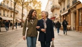 Une jeune femme et une femme âgée marchent bras dessus, bras dessous en souriant, sur le trottoir d’une rue commerçante.