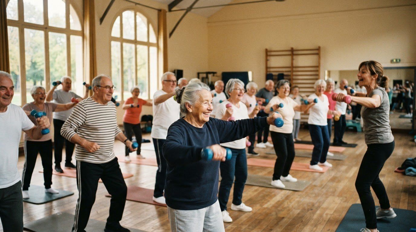 Des seniors souriants, debout sur des tapis dans un gymnase au parquet de bois, tendent les bras avec de petits haltères en suivant les gestes d’une animatrice.
