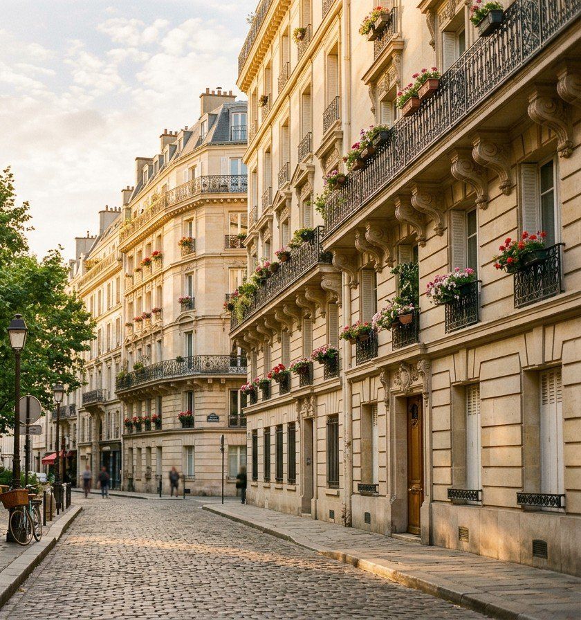 Rue pavée de Paris bordée d’immeubles haussmanniens aux balcons fleuris, dans la lumière du matin.