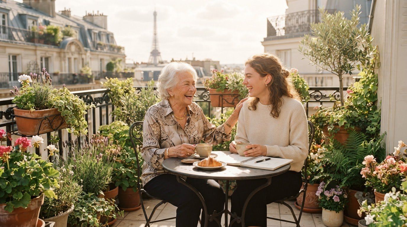 Une hébergeuse et une jeune femme rient autour d’un café, sur une terrasse fleurie avec vue sur les toits de Paris.