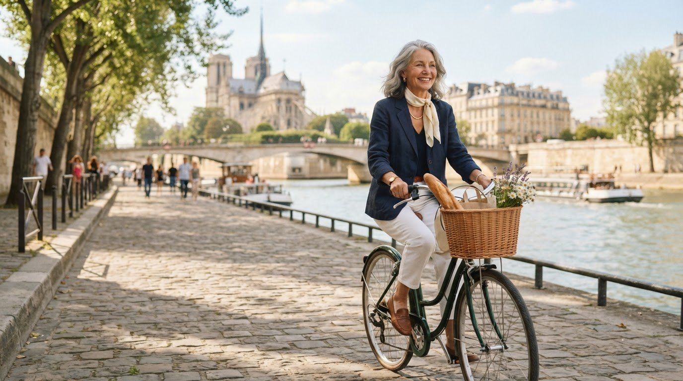 Une femme aux cheveux gris, foulard clair au cou, roule à vélo en souriant sur un quai pavé de la Seine, une baguette et des fleurs dans son panier, avec Notre-Dame de Paris à l’arrière-plan.