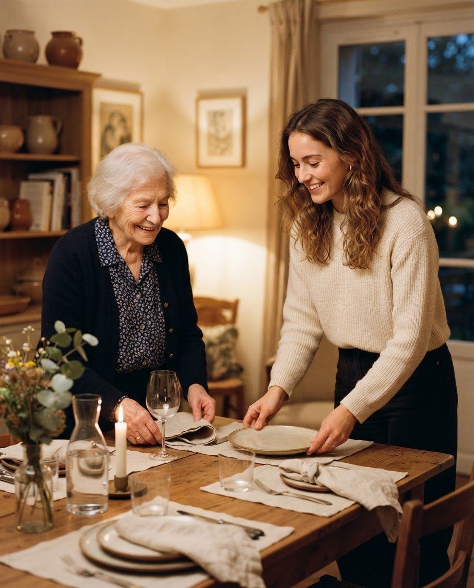 Une hébergeuse âgée et une jeune femme mettent la table ensemble.