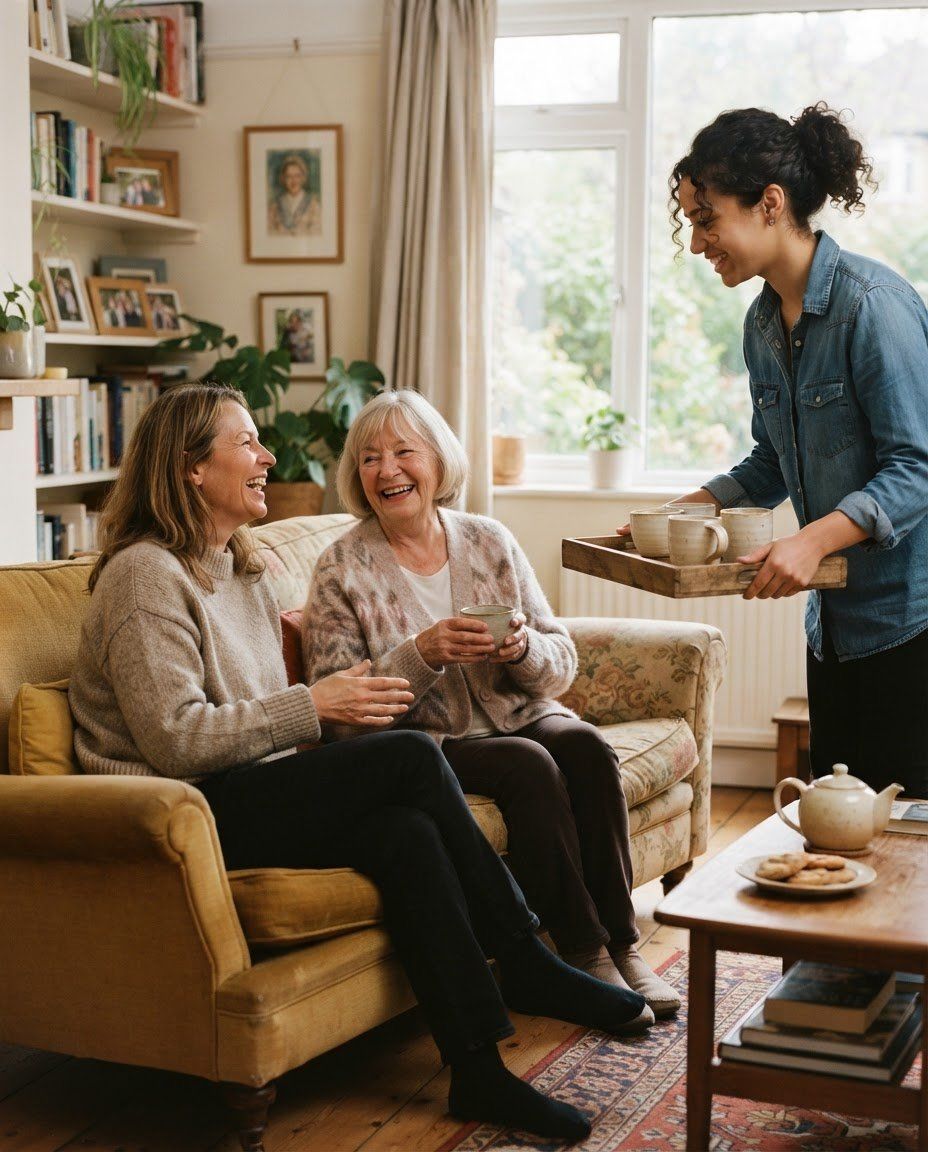 Une femme et sa mère âgée, assises sur le canapé, sourient à une jeune femme qui apporte le thé.
